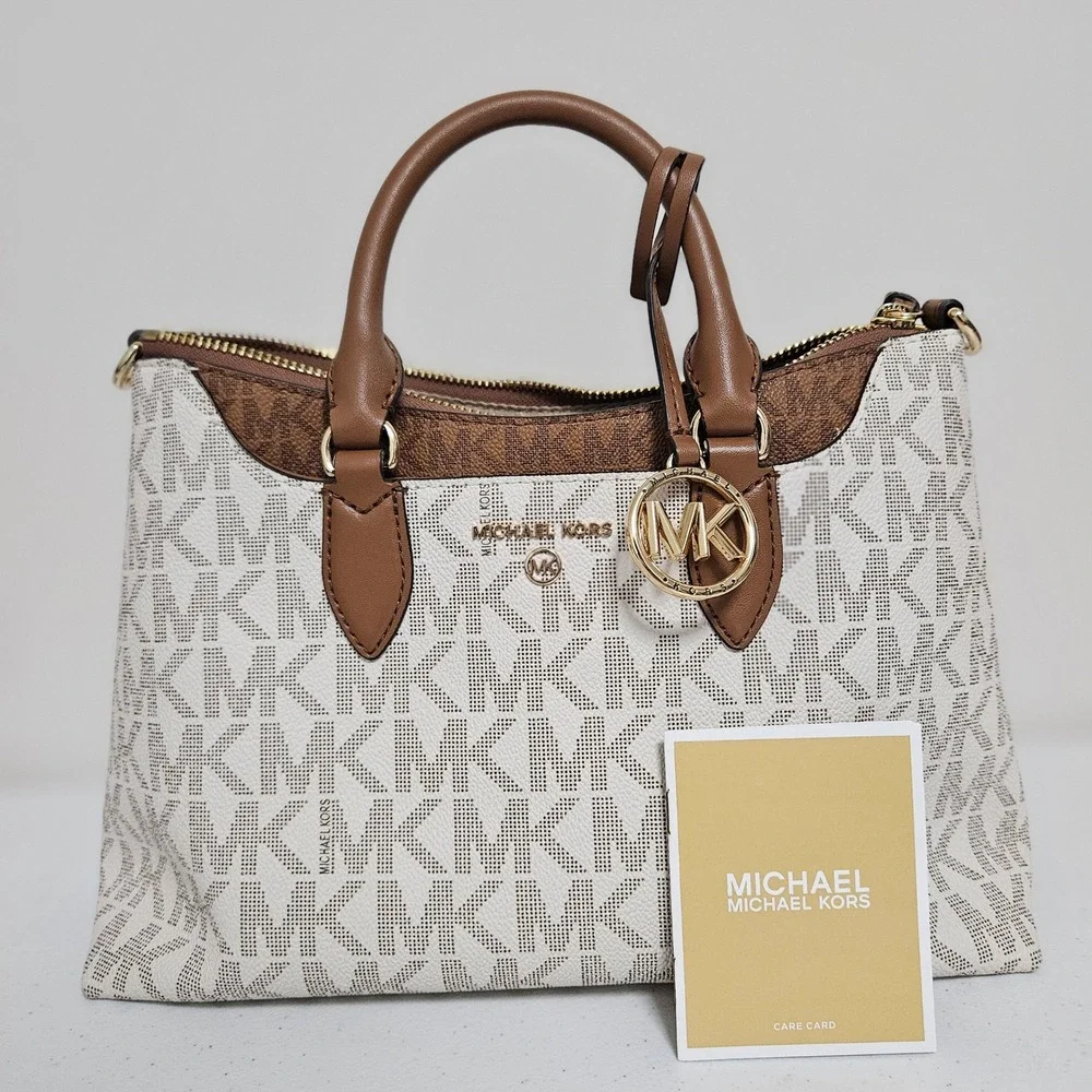 Michael Kors Austen Satchel Medium Vanilla Acorn Monogram Logo Designer Handbag*